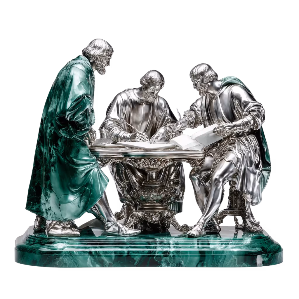 Silver sculptures of three bearded men in medieval robes, two seated at an ornate table writing in a book and one standing nearby, all on a green marble base.