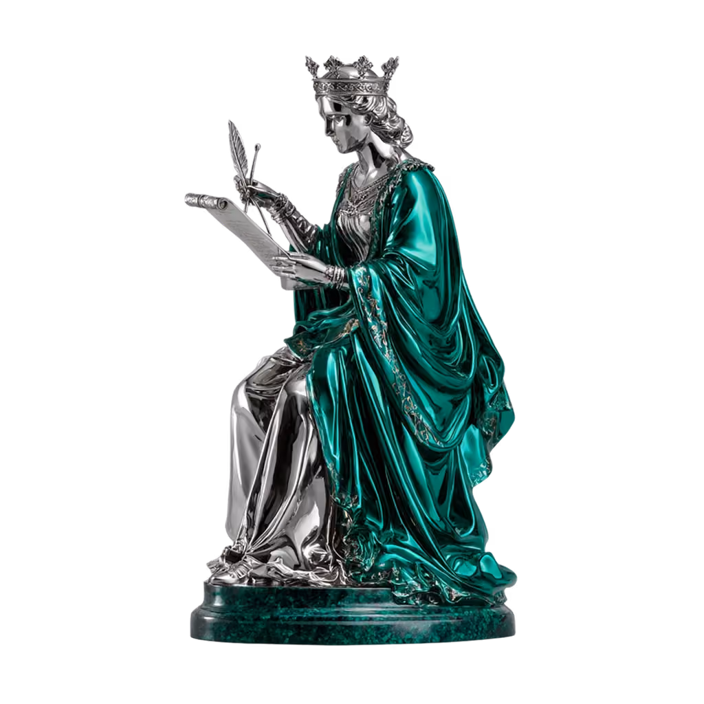 Silver and emerald statue of a crowned medieval queen seated, reading a scroll with a quill in hand.