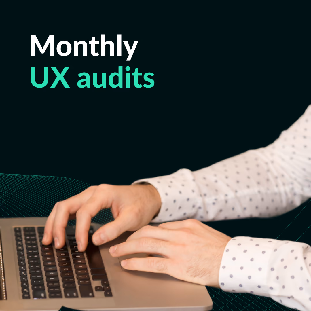 Person typing on a laptop keyboard with the text 'Monthly UX audits' on a dark background.