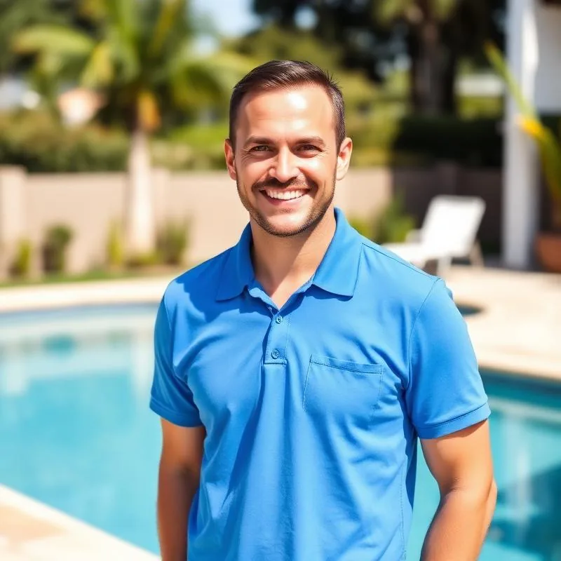 A smiling pool technician beside a pool